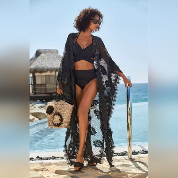 Boston Proper Black Mixed Lace Duster Coverup Beach Boho Whimsigoth - Size S/M - Picture 1 of 13